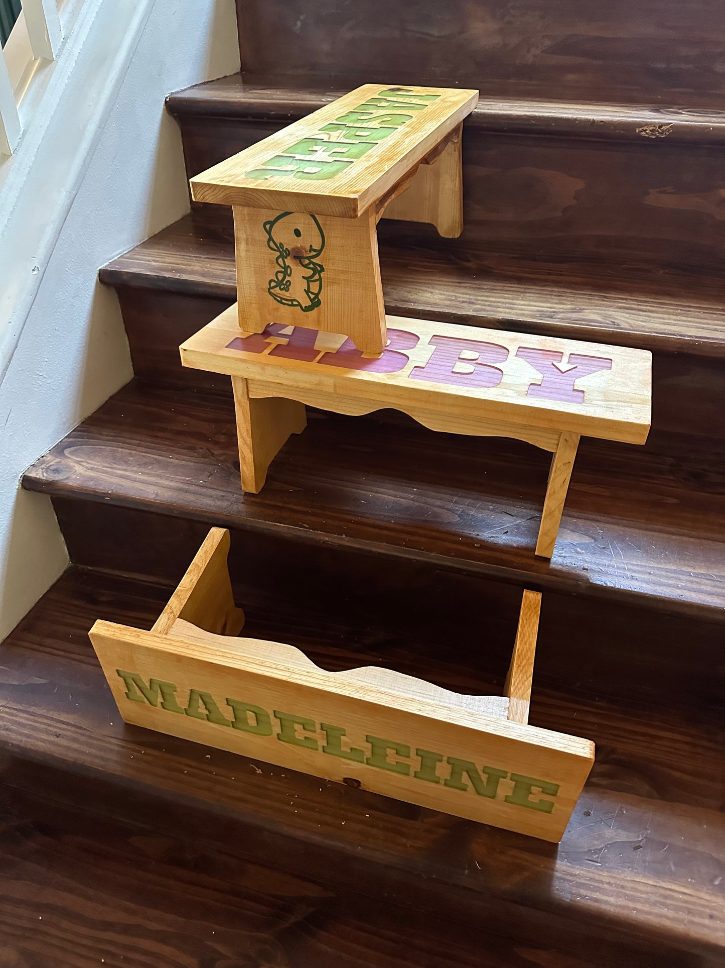 Custom child’s bench made in pine with resin inlay