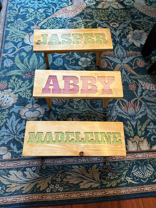 Custom child’s bench made in pine with resin inlay