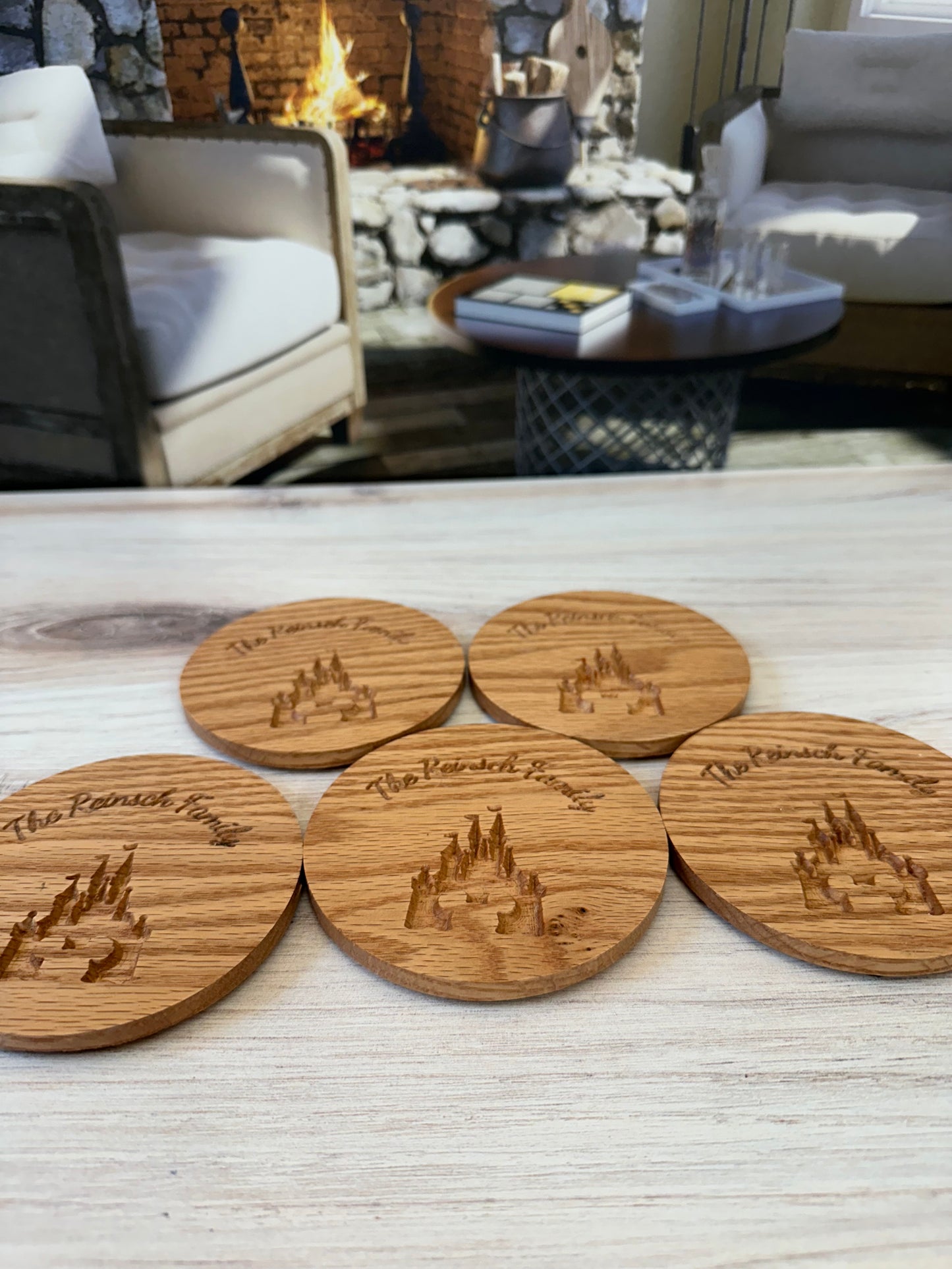 Personalized Oak Coasters 4 inches round Disney Style