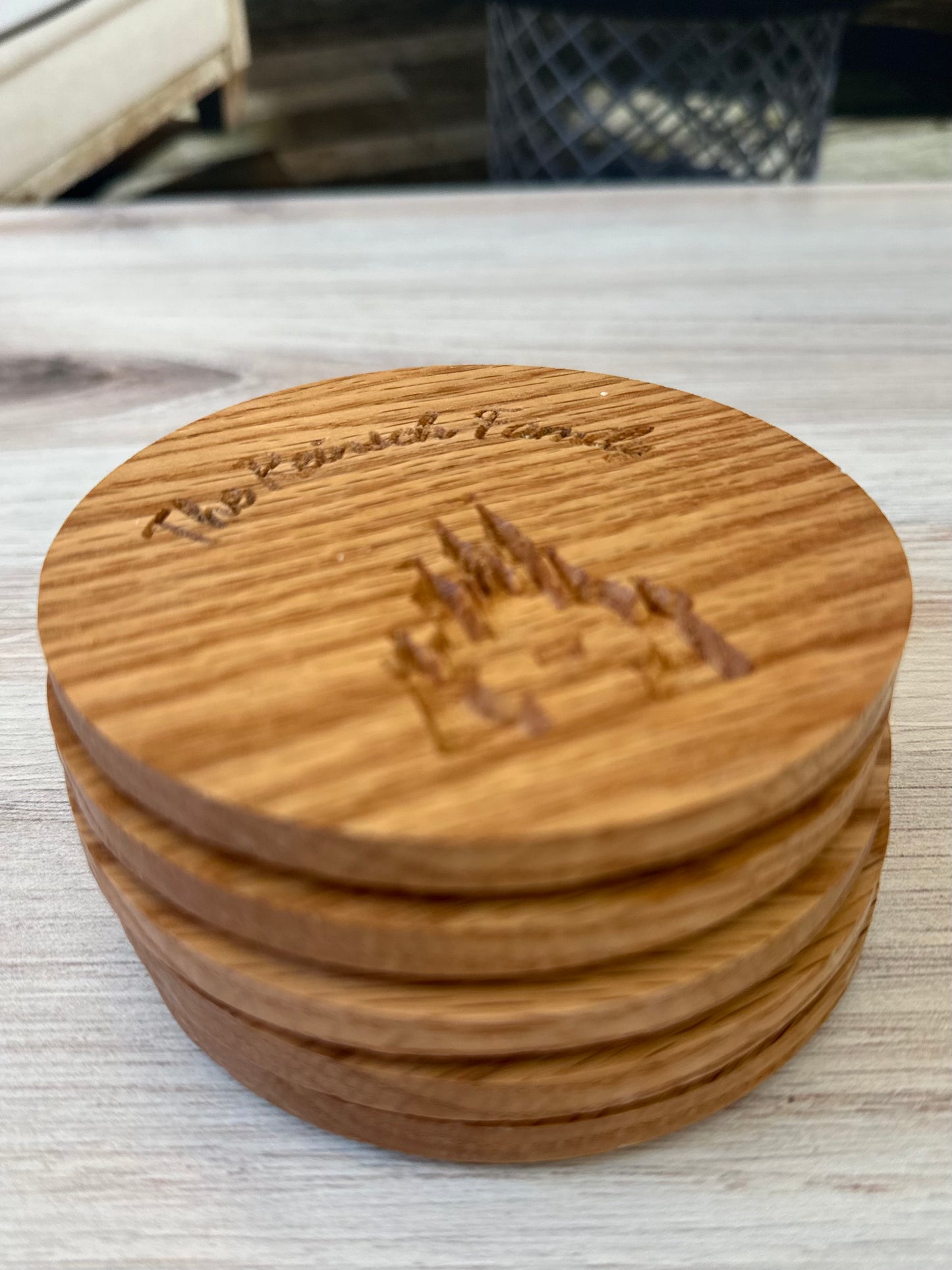 Personalized Oak Coasters 4 inches round Disney Style